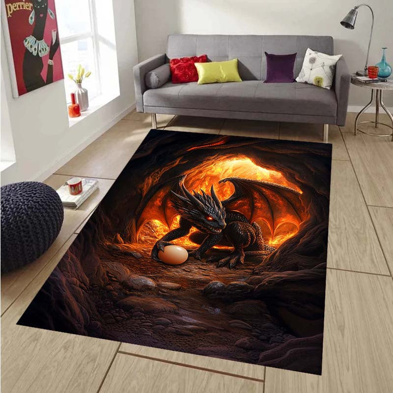 [1pc Burning Cave Black Dragon Non-Slip Area Rug] Burning Cave Black Dragon and Egg Design Non-Slip Area Rug, Large Polyester Floor Carpet, Durable, Washable, with Special Features for Bedroom, Living Room, Dorm, Balcony Deco