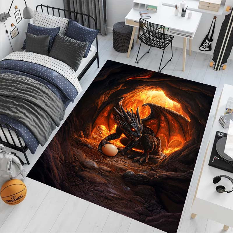 [1pc Burning Cave Black Dragon Non-Slip Area Rug] Burning Cave Black Dragon and Egg Design Non-Slip Area Rug, Large Polyester Floor Carpet, Durable, Washable, with Special Features for Bedroom, Living Room, Dorm, Balcony Deco