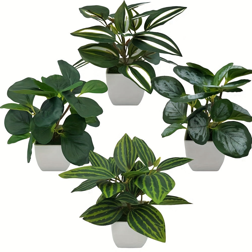 4 Pcs Combination Simulation Potted Home Decoration Leaf Plants - Fake Douban, Money, Watermelon, and Hami Melon Leaves - Suitable for Indoor Offices and Outdoor Gardens