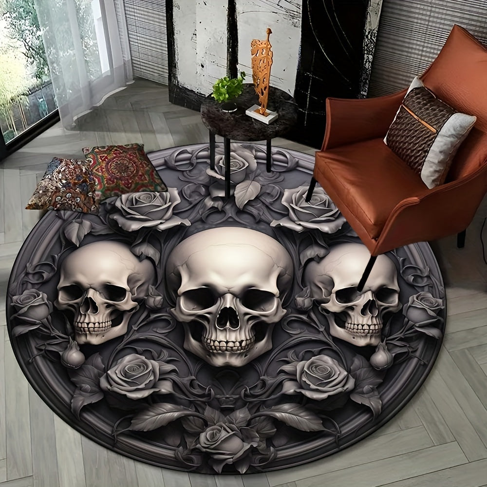 Luxury 3D Horror Rose & Skulls Round Rug - Crystal Velvet, Non-Slip, Perfect for Bedroom, Living Room, and Office Decor