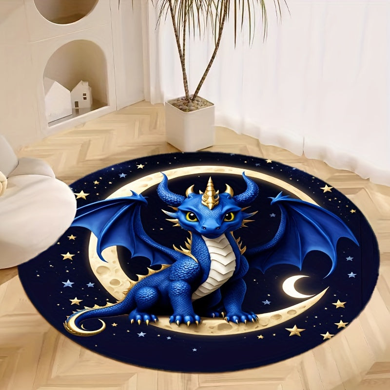 Cute Blue Dragon Round Rug - Soft Crystal Velvet, Non-Slip, Perfect for Living Room, Bedroom, or Office Chair Mat