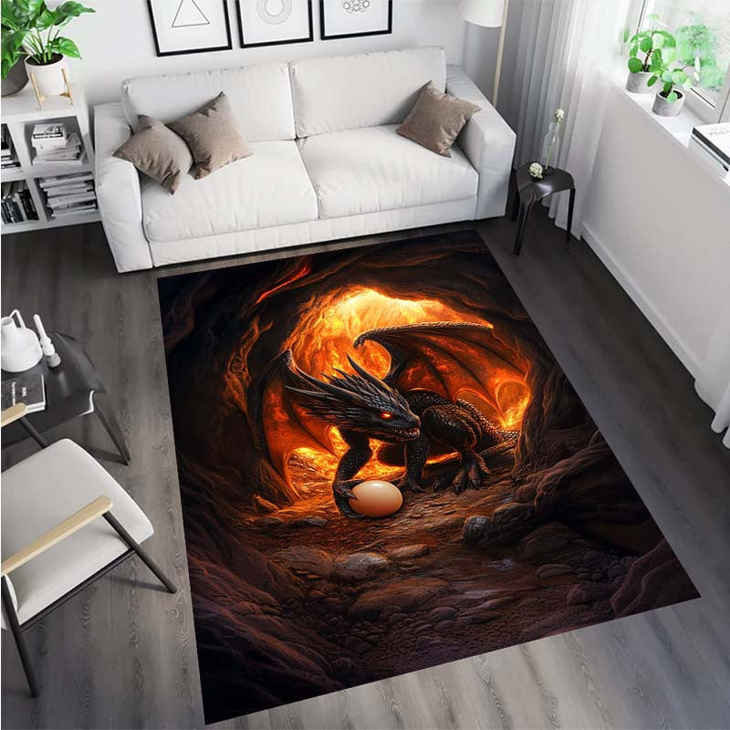 [1pc Burning Cave Black Dragon Non-Slip Area Rug] Burning Cave Black Dragon and Egg Design Non-Slip Area Rug, Large Polyester Floor Carpet, Durable, Washable, with Special Features for Bedroom, Living Room, Dorm, Balcony Deco