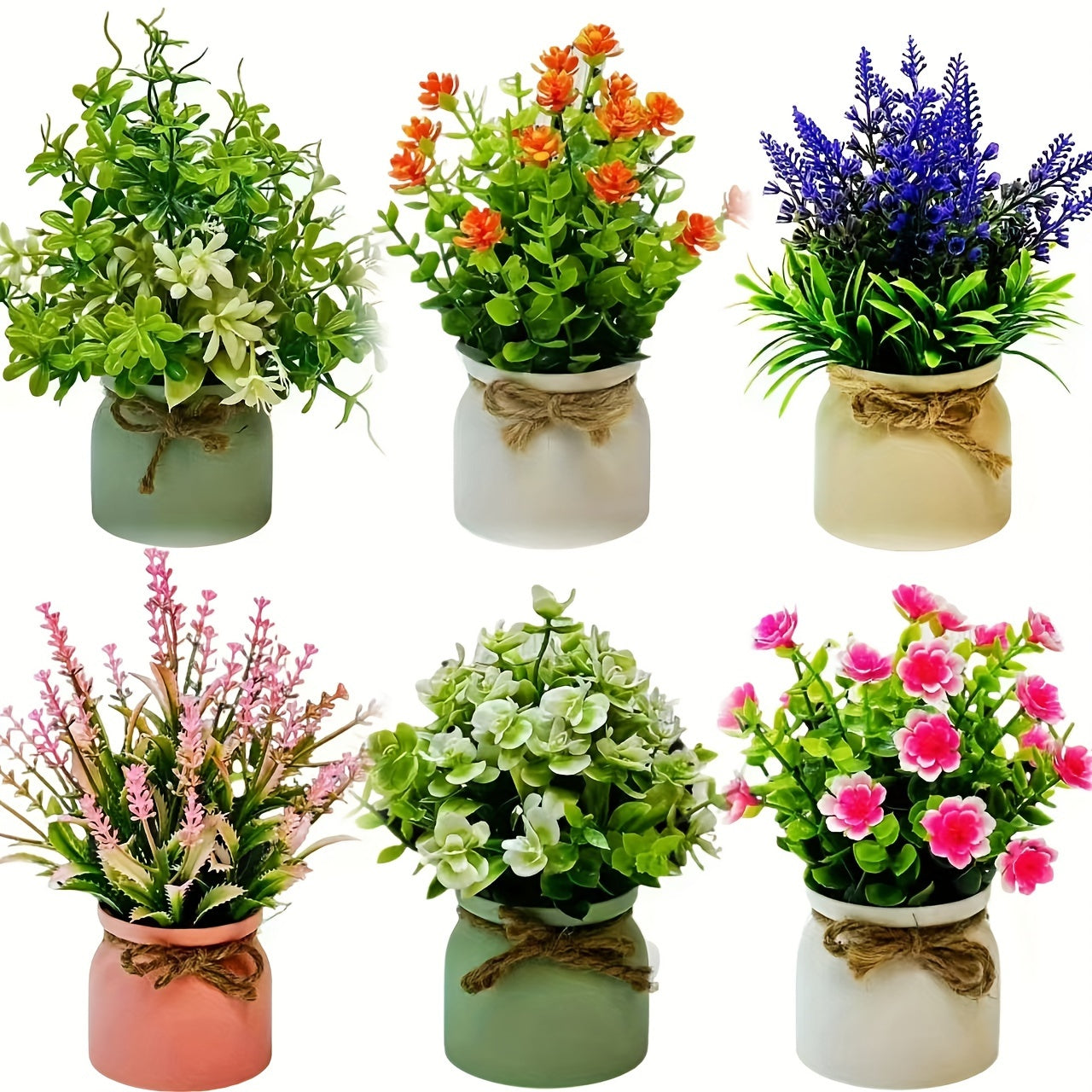 6-Pack Mini Artificial Potted Plants, Faux Lavender, Eucalyptus Greenery, Plastic Fake Flower Pots for Indoor & Outdoor Home Table Wedding Decor, Suitable for Spring, Christmas, Hanukkah, Valentine's Day, Mother's Day, Grandp