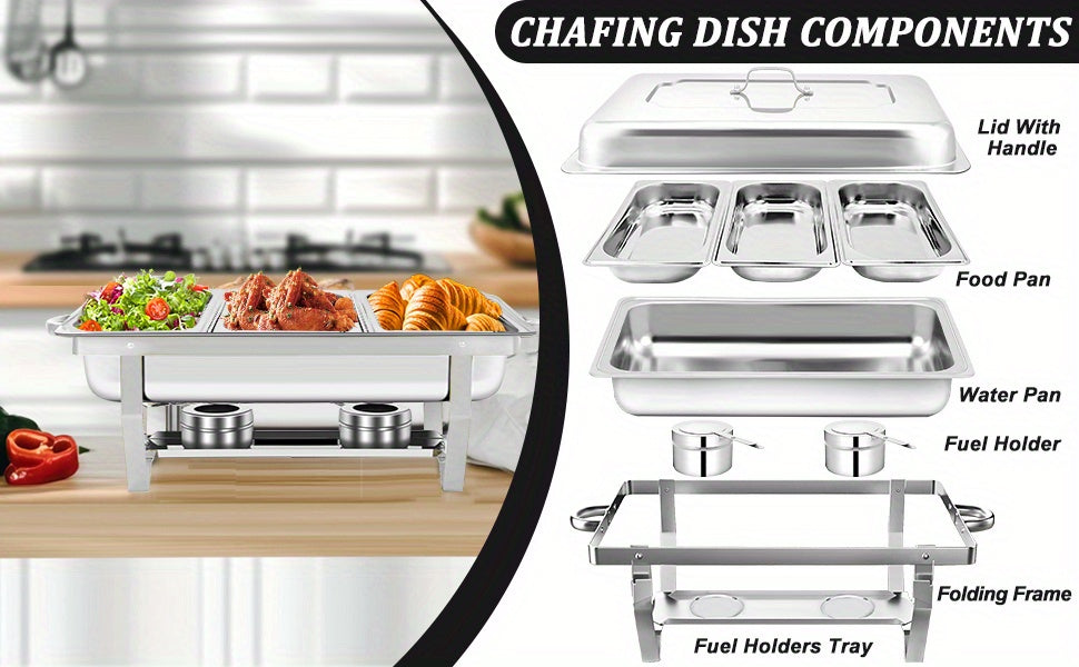 9L 2/4/6/8pcs Chafing Dish Edelstahl Buffet-Set Warmhaltebehälter Speisenwärmer Wärmebehälter Rechaud für Catering, Buffet und Party