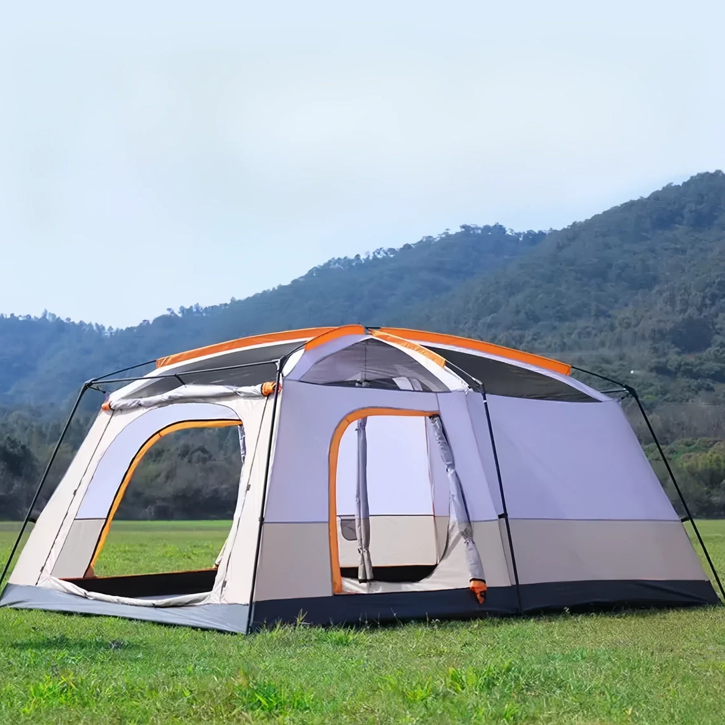 All-Season Family Camping Tent, 2-Room & 1-Hall Design, Square Shape, Polyester Fabric, Iron Frame, Zipper Closure, for Ages 14+, Ideal for Spring, Summer, Fall, Winter