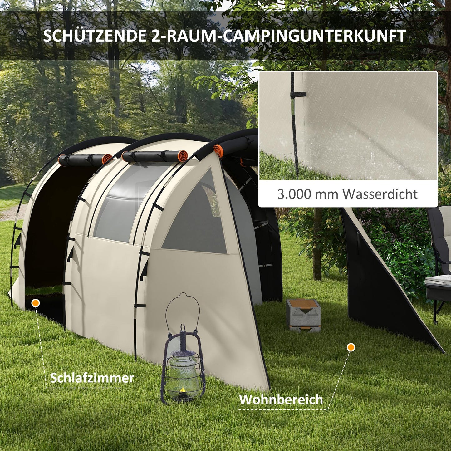 Outsunny Tunnel Tent, Camping Tent for 5 People, Family Tent with 2 Rooms, Side Windows, Carry Bag, 3000mm Water Repellent, for Garden, Campsite, Khaki