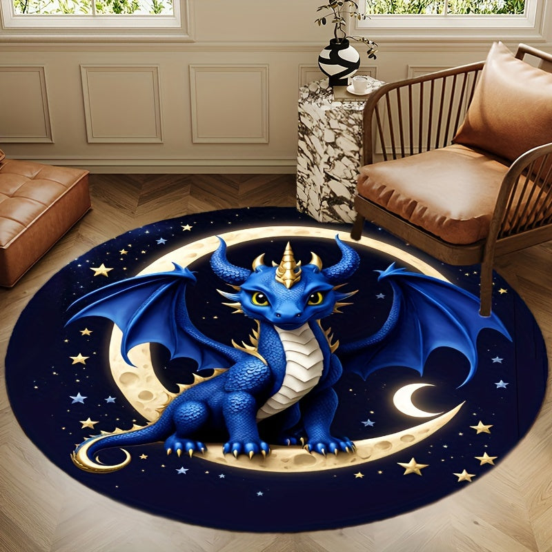 Cute Blue Dragon Round Rug - Soft Crystal Velvet, Non-Slip, Perfect for Living Room, Bedroom, or Office Chair Mat