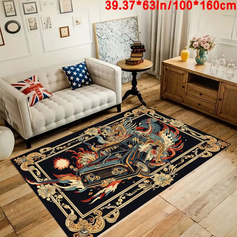 Luxury European Abstract Car & Dragon Design Area Rug - Ultra-Soft Crystal Velvet, Non-Slip Backing, Machine Washable for Living Room, Bedroom, Outdoor, and More - Versatile Home Decor, Christmas Decor