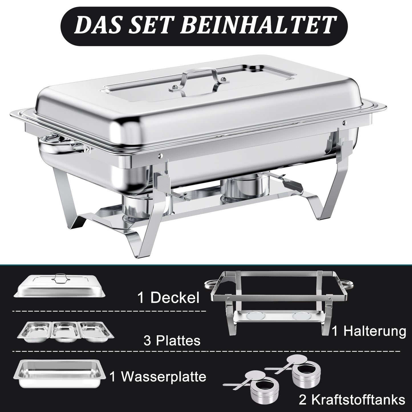 9L 2/4/6/8pcs Chafing Dish Edelstahl Buffet-Set Warmhaltebehälter Speisenwärmer Wärmebehälter Rechaud für Catering, Buffet und Party