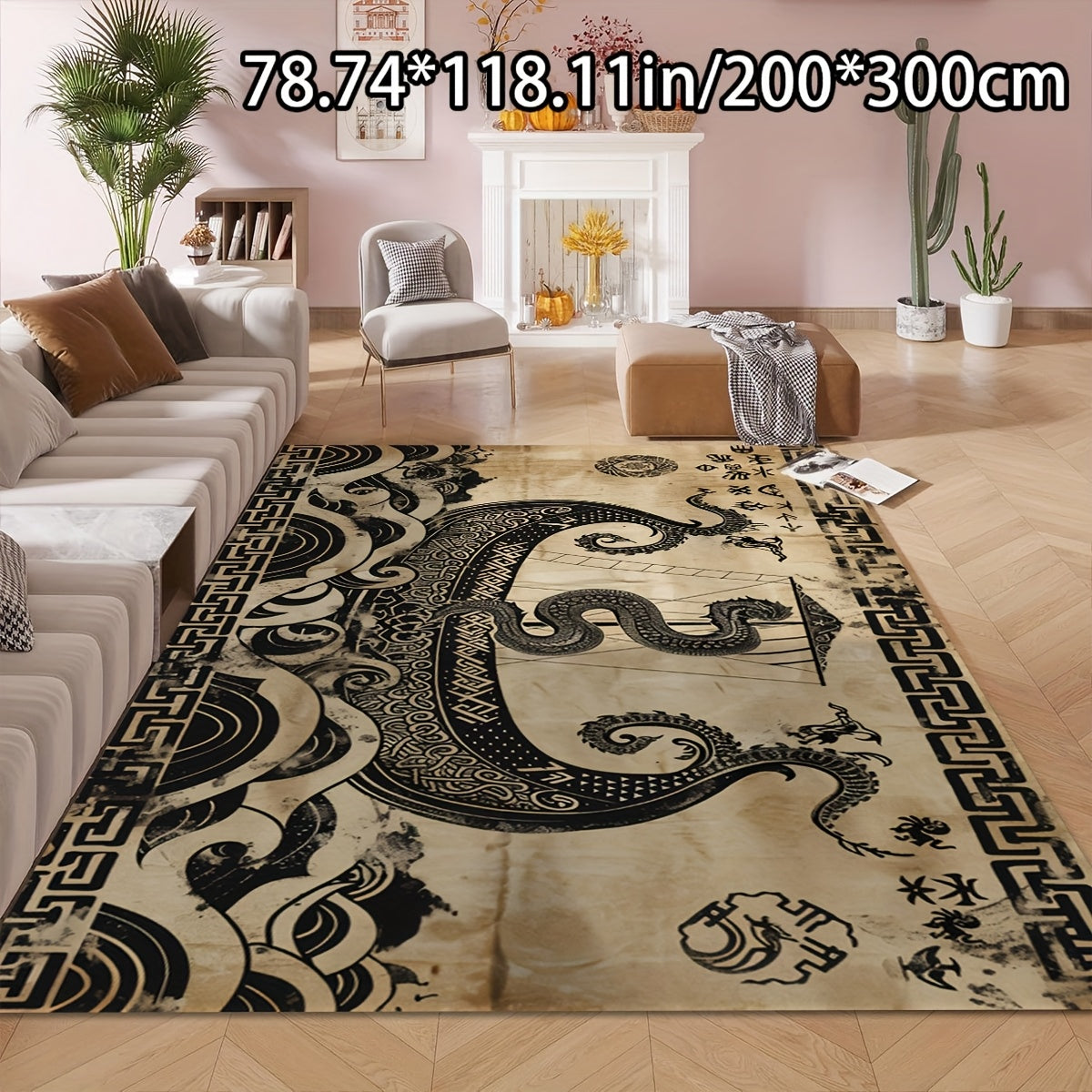 1pc ADSUVAN Luxury Dragon and Boat Modern Art Pattern Area Rug, Soft Crystal Velvet, 750g/m², Non-Slip Backing, Machine Washable, Rectangle Polyester Fiber Carpet for Living Room, Bedroom, Indoor Use - Multiple Sizes Availab