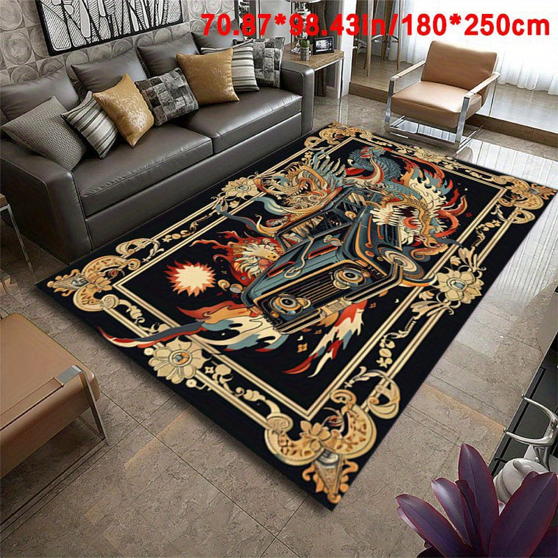 Luxury European Abstract Car & Dragon Design Area Rug - Ultra-Soft Crystal Velvet, Non-Slip Backing, Machine Washable for Living Room, Bedroom, Outdoor, and More - Versatile Home Decor, Christmas Decor