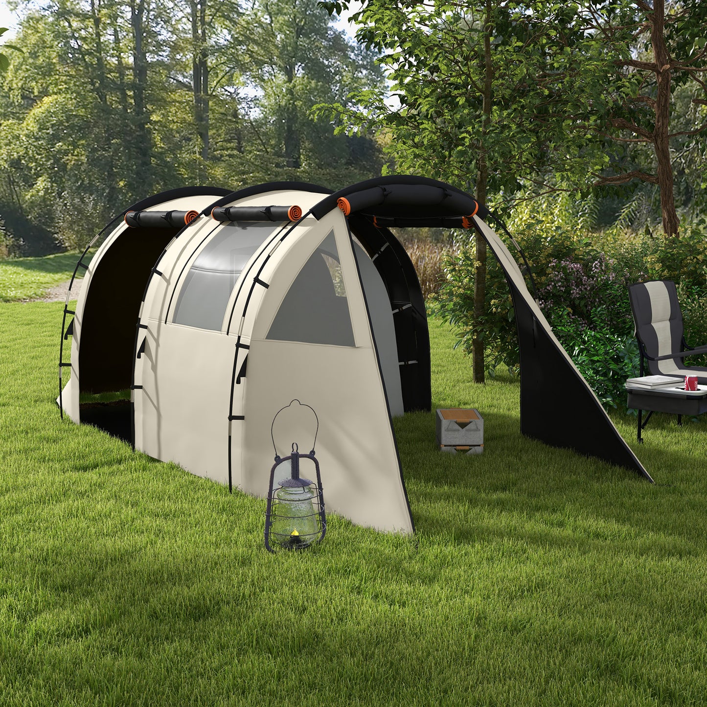 Outsunny Tunnel Tent, Camping Tent for 5 People, Family Tent with 2 Rooms, Side Windows, Carry Bag, 3000mm Water Repellent, for Garden, Campsite, Khaki