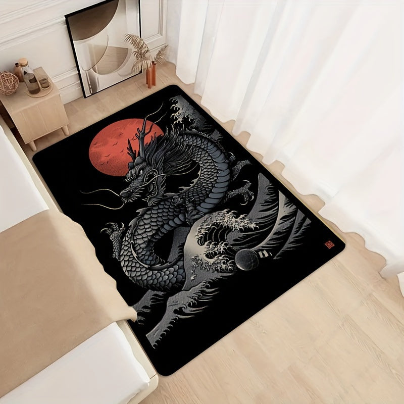 1pc Chinese Dragon Gaming Room Rug, 8mm Thick Polyester Rectangle Mat, Machine Washable, Decorative Indoor Carpet for Bedroom, Living Room, Laundry, Bathroom, Kitchen Entrance - Washable and Durable