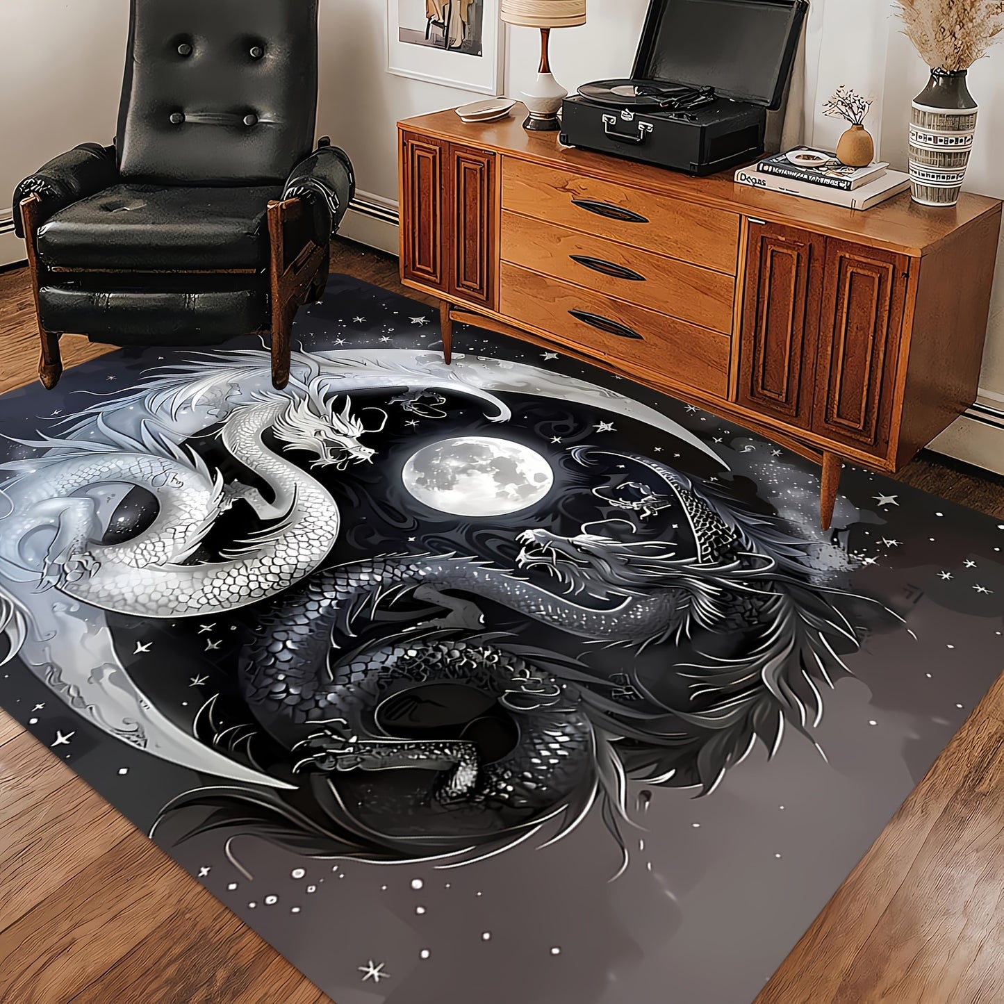 1pc, Black and White Double Dragon Design Carpet - Anti-Slip, Washable, Stain-Resistant, Anti-Fatigue - Living Room Coffee Table Rug, Bedroom, Entryway Mat, Dining, Hallway, Game Room, Office, Study, Bedroom Decor, High-Flann