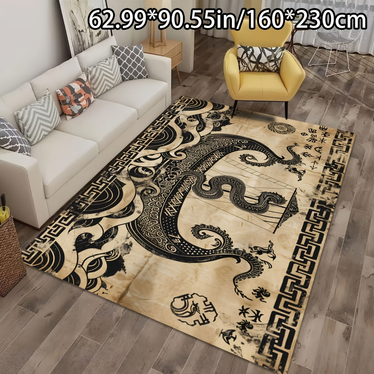 1pc ADSUVAN Luxury Dragon and Boat Modern Art Pattern Area Rug, Soft Crystal Velvet, 750g/m², Non-Slip Backing, Machine Washable, Rectangle Polyester Fiber Carpet for Living Room, Bedroom, Indoor Use - Multiple Sizes Availab