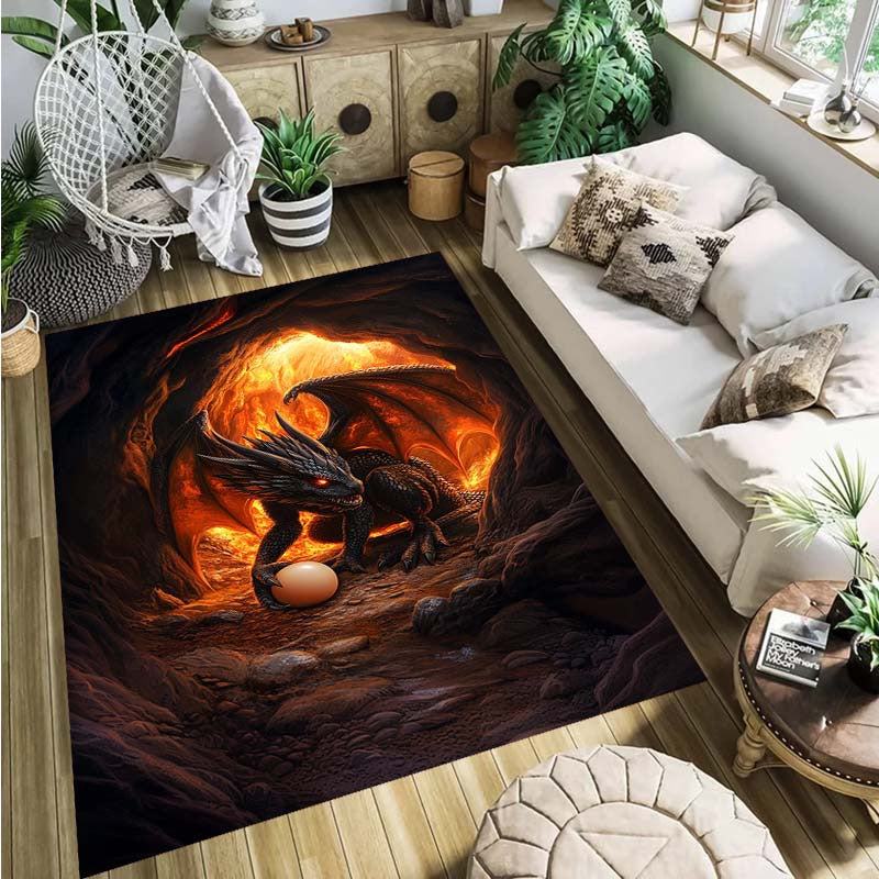 [1pc Burning Cave Black Dragon Non-Slip Area Rug] Burning Cave Black Dragon and Egg Design Non-Slip Area Rug, Large Polyester Floor Carpet, Durable, Washable, with Special Features for Bedroom, Living Room, Dorm, Balcony Deco