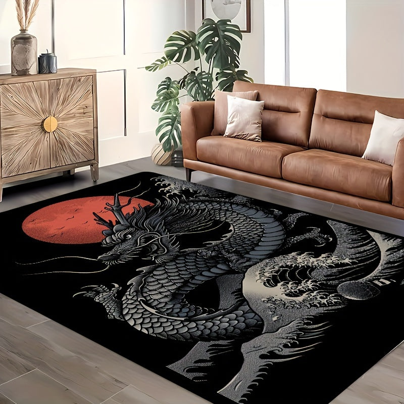 1pc Chinese Dragon Gaming Room Rug, 8mm Thick Polyester Rectangle Mat, Machine Washable, Decorative Indoor Carpet for Bedroom, Living Room, Laundry, Bathroom, Kitchen Entrance - Washable and Durable