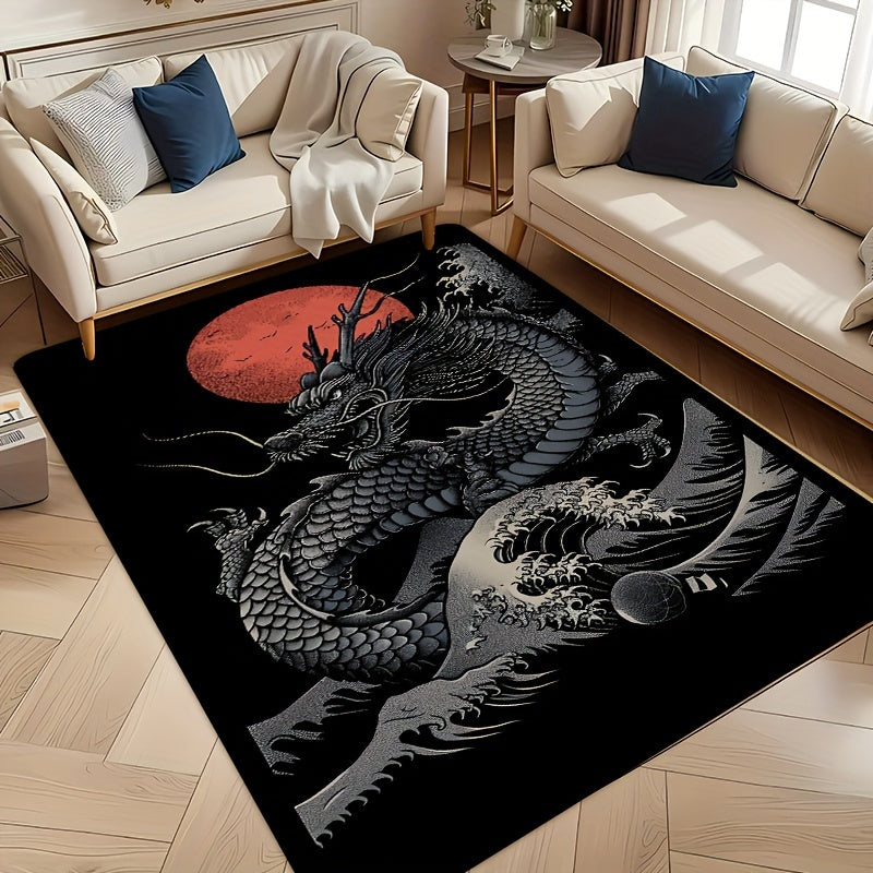 1pc Chinese Dragon Gaming Room Rug, 8mm Thick Polyester Rectangle Mat, Machine Washable, Decorative Indoor Carpet for Bedroom, Living Room, Laundry, Bathroom, Kitchen Entrance - Washable and Durable