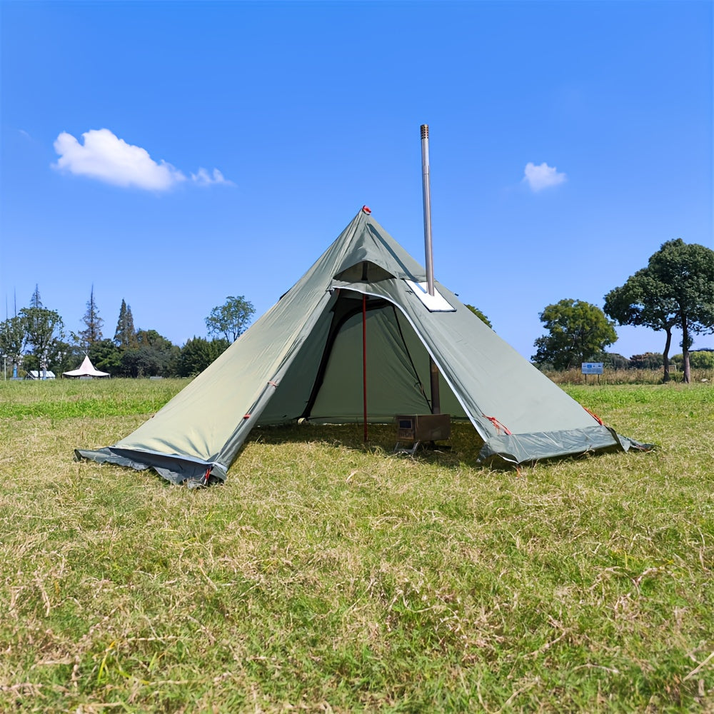 Octagonal Pyramid Tent, Four Season Camping Shelter with Chimney Hole, 160.02cm Tall, 3.2meter Diameter, Normal Waterproof Polyester, Zipper Closure, Alloy Brackets, Age 14+, Includes Chimney Safety Cloth.