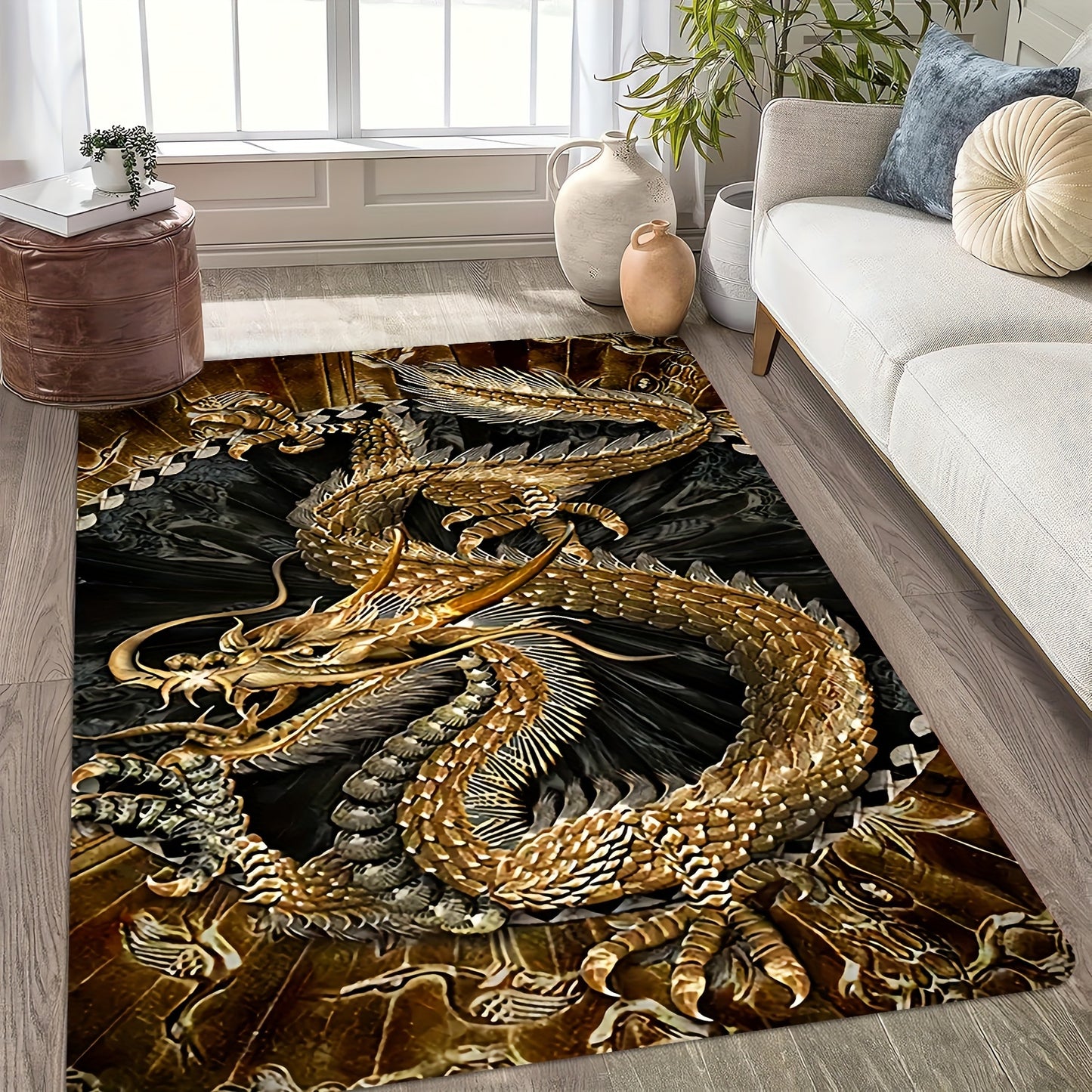 Golden Dragon Area Rug - Stain Resistant, Non-Slip, Machine Washable, Knit Weave - Polyester, Memory Foam, Anti-Fatigue for Living Room, Bedroom, Entryway, and Outdoor Use - Decorative Rectangle Mat