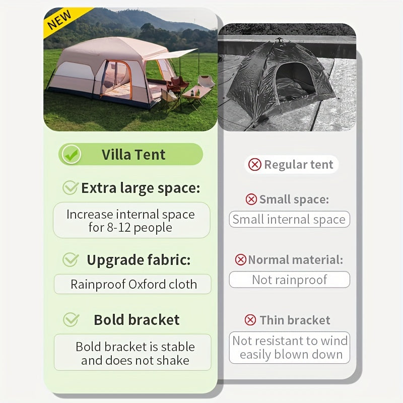 KAIROAD Spacious Beige Tent - 2 Bedrooms & Living Room, Portable Folding Design for Camping and BBQs, Windproof & Waterproof Oxford Fabric, All-Season Zip Closure, KAIROAD