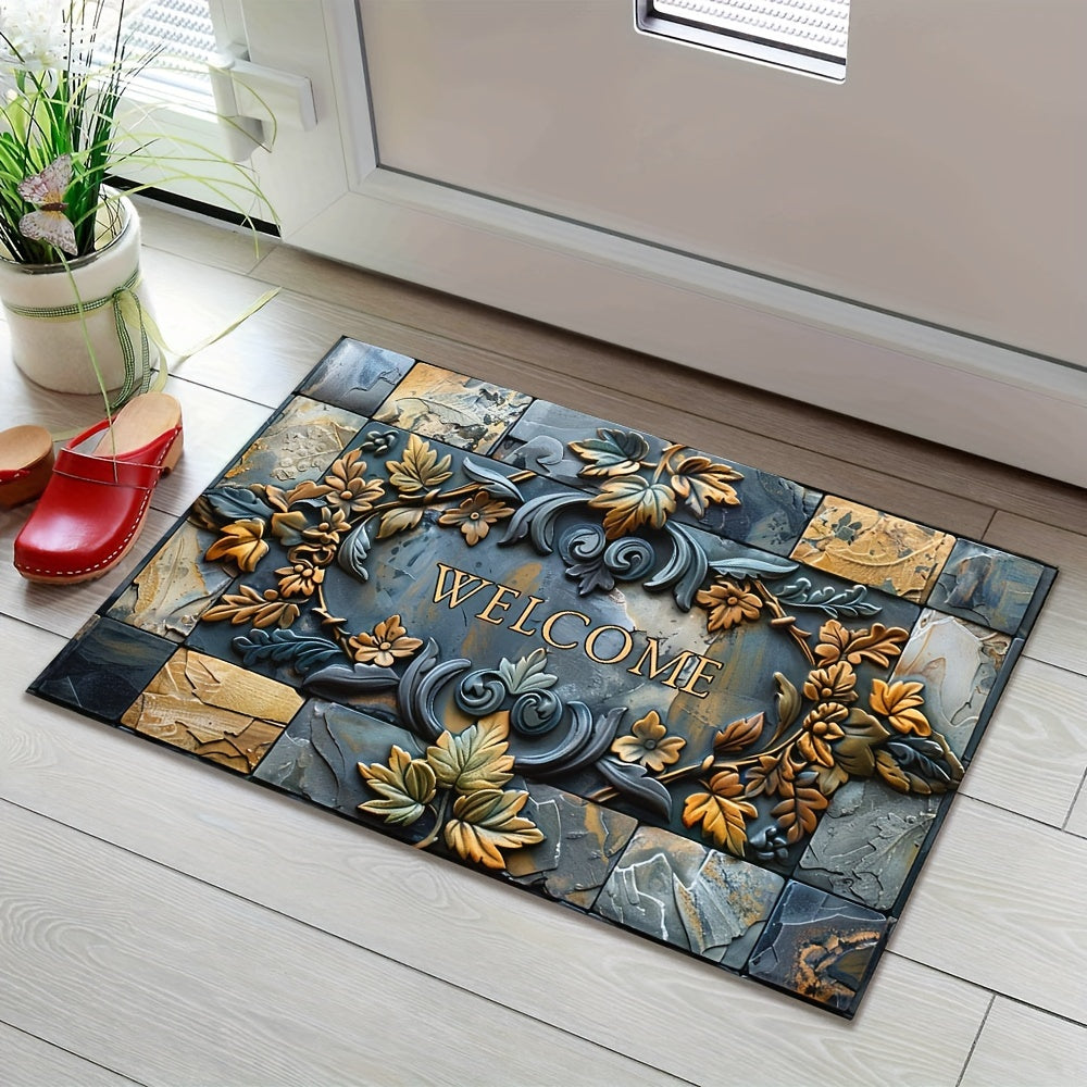 Luxurious 3D Stone & Botanical Embossed Welcome Mat - Non-Slip, Waterproof, Machine Washable Polyester Rug for Home & Outdoor Decor - Ideal for Entryway, Living Room, Bathroom