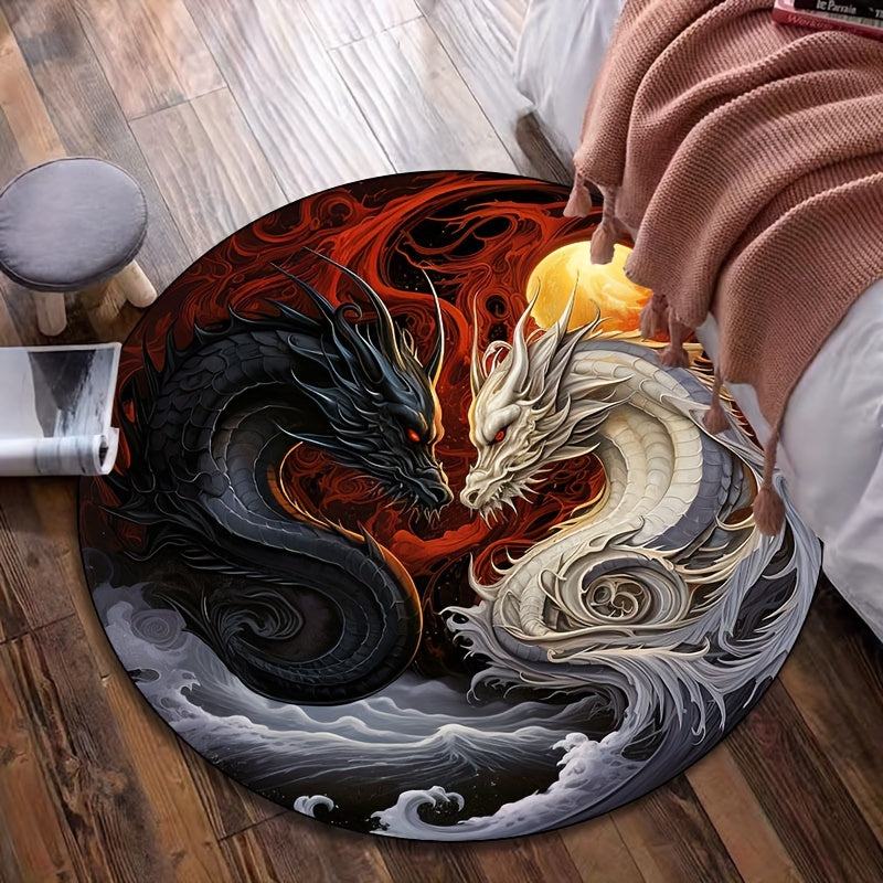 Striking Yin-Yang Dragon Design Round Rug - Non-Slip, Machine Washable Carpet in Vivid Black & White with Red Accents, Perfect for Living Room, Bedroom, Bathroom, Kitchen - Available in Multiple Sizes, Rugs for Living Room