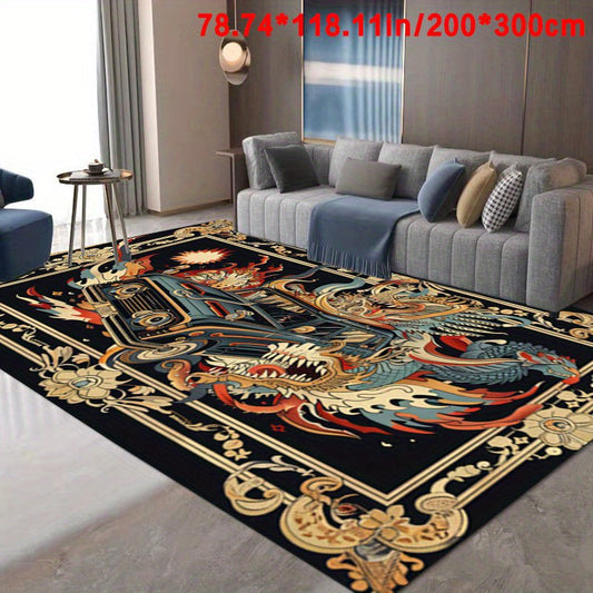 Luxury European Abstract Car & Dragon Design Area Rug - Ultra-Soft Crystal Velvet, Non-Slip Backing, Machine Washable for Living Room, Bedroom, Outdoor, and More - Versatile Home Decor, Christmas Decor