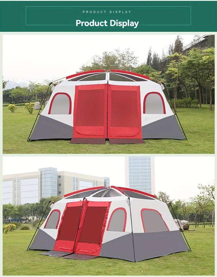 10-Person Outdoor Camping Tent with Vestibule, Solid Color, Square Shape, All-Season, Waterproof Oxford Cloth, Iron Bracket, Zipper Closure, Dual Rooms, Sun Protection for Family Parties, Climbing, Shed