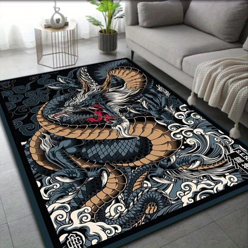 Machine Washable Dragon Area Rug - Flat Woven, Non-Slip, Lightweight, Washable Polyester Fiber Material with PVC Backing for Indoor Use in Office and Bedroom