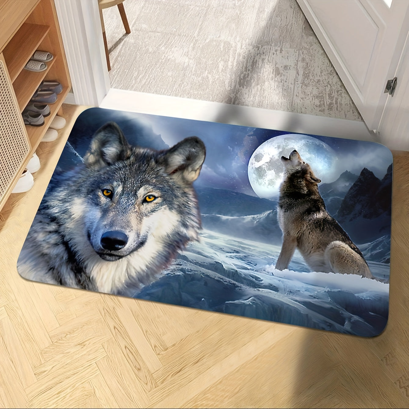 1pc 3D Snow Wolf Print Rug, Psychedelic Motif Carpet, Washable Soft Floor Mat, For Living Room Bedroom Bathroom Kitchen Sink Laundry Room Office Home Decor Indoor Decor Room Supplies Bedside Accessories