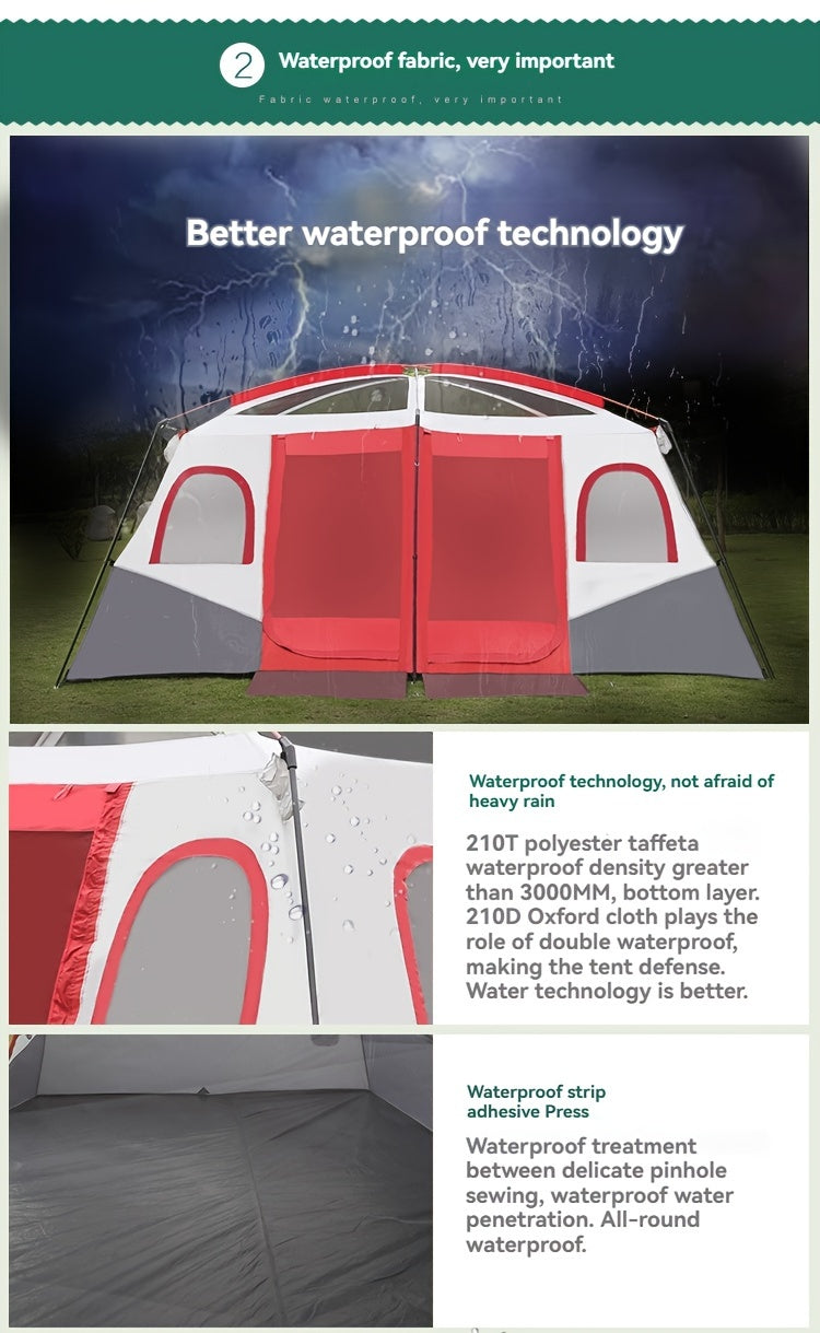 10-Person Outdoor Camping Tent with Vestibule, Solid Color, Square Shape, All-Season, Waterproof Oxford Cloth, Iron Bracket, Zipper Closure, Dual Rooms, Sun Protection for Family Parties, Climbing, Shed