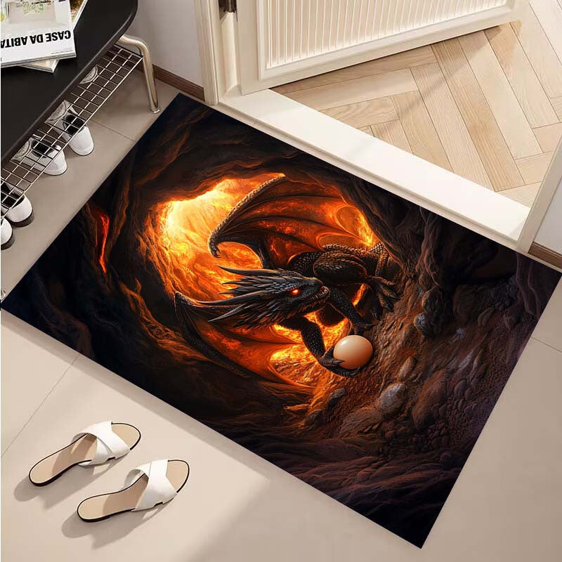 [1pc Burning Cave Black Dragon Non-Slip Area Rug] Burning Cave Black Dragon and Egg Design Non-Slip Area Rug, Large Polyester Floor Carpet, Durable, Washable, with Special Features for Bedroom, Living Room, Dorm, Balcony Deco