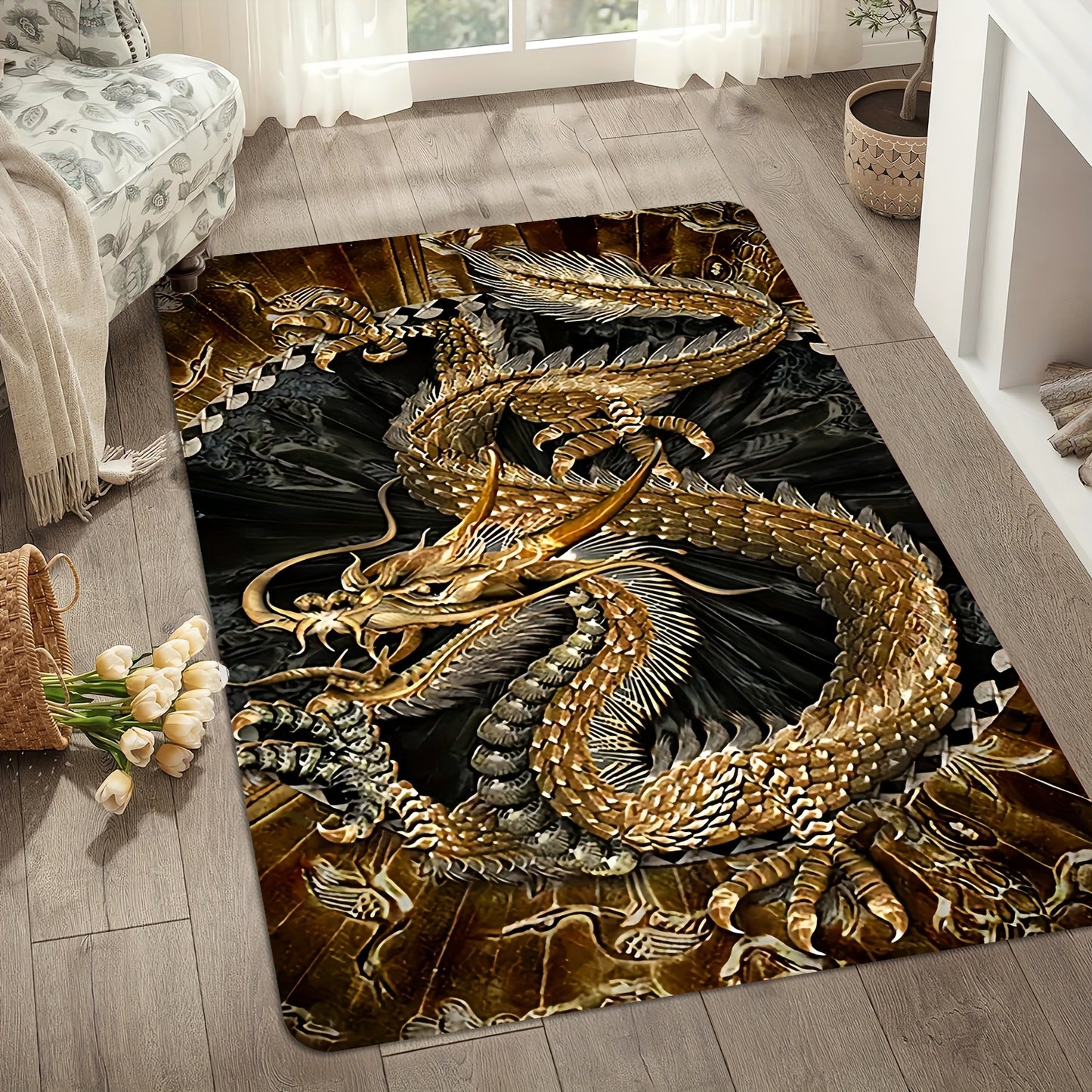 Golden Dragon Area Rug - Stain Resistant, Non-Slip, Machine Washable, Knit Weave - Polyester, Memory Foam, Anti-Fatigue for Living Room, Bedroom, Entryway, and Outdoor Use - Decorative Rectangle Mat