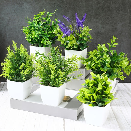 6-Pack Modern Artificial Mini Potted Plants, Plastic Greenery in White Pots for Indoor/Outdoor Decor, Home Office Hotel Desktop Accent, Contemporary Faux Plant Set for Window Cupboard Decoration