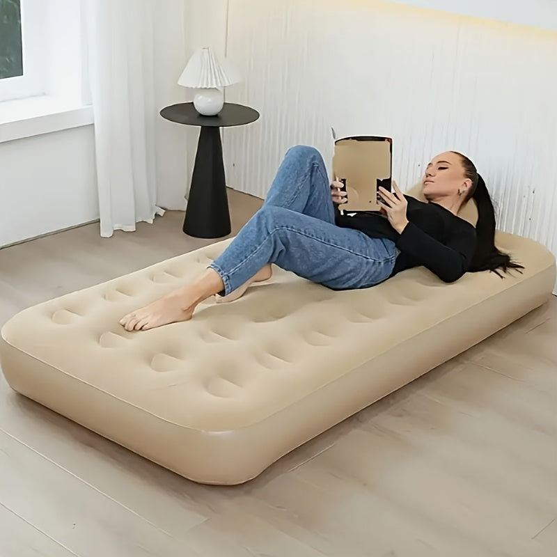 1pc Extra-Wide Single Person Khaki Inflatable Flocked Air Mattress, Elegant & Cozy PVC Fabric, Rectangle Camping Tent Sleeping Pad, Foldable for Home Office Floor Use - Pump Not Included