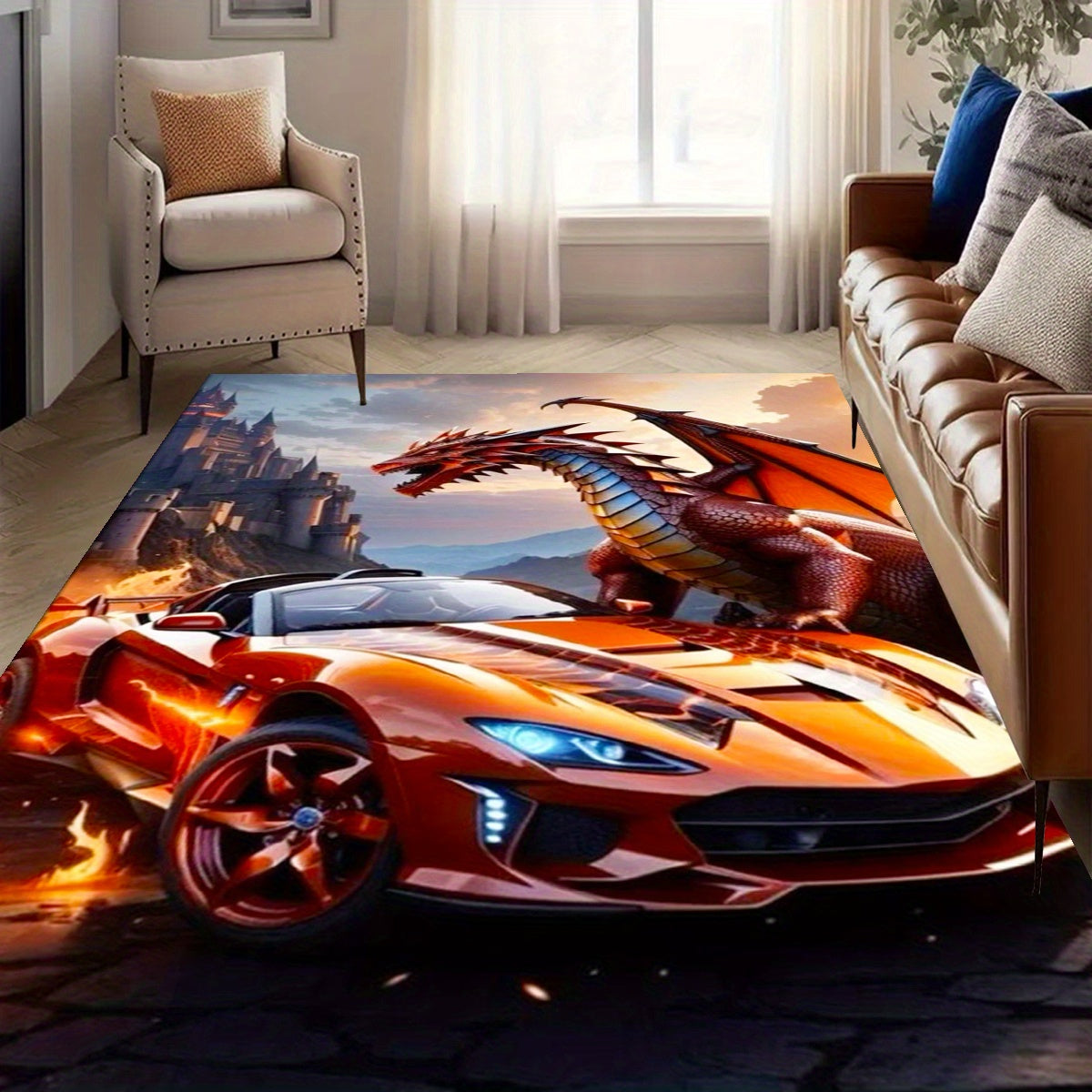 Ultra-Soft Crystal Velvet Rug with Sports Car & Flying Dragon Design - 3D Printed, Comfortable for Living Room, Bedroom, Hallway - Large Area Coverage