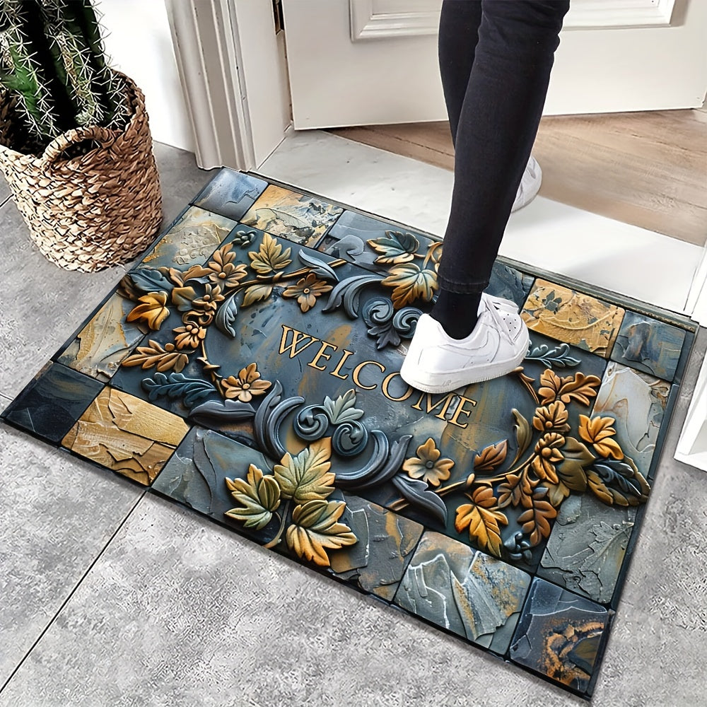 Luxurious 3D Stone & Botanical Embossed Welcome Mat - Non-Slip, Waterproof, Machine Washable Polyester Rug for Home & Outdoor Decor - Ideal for Entryway, Living Room, Bathroom