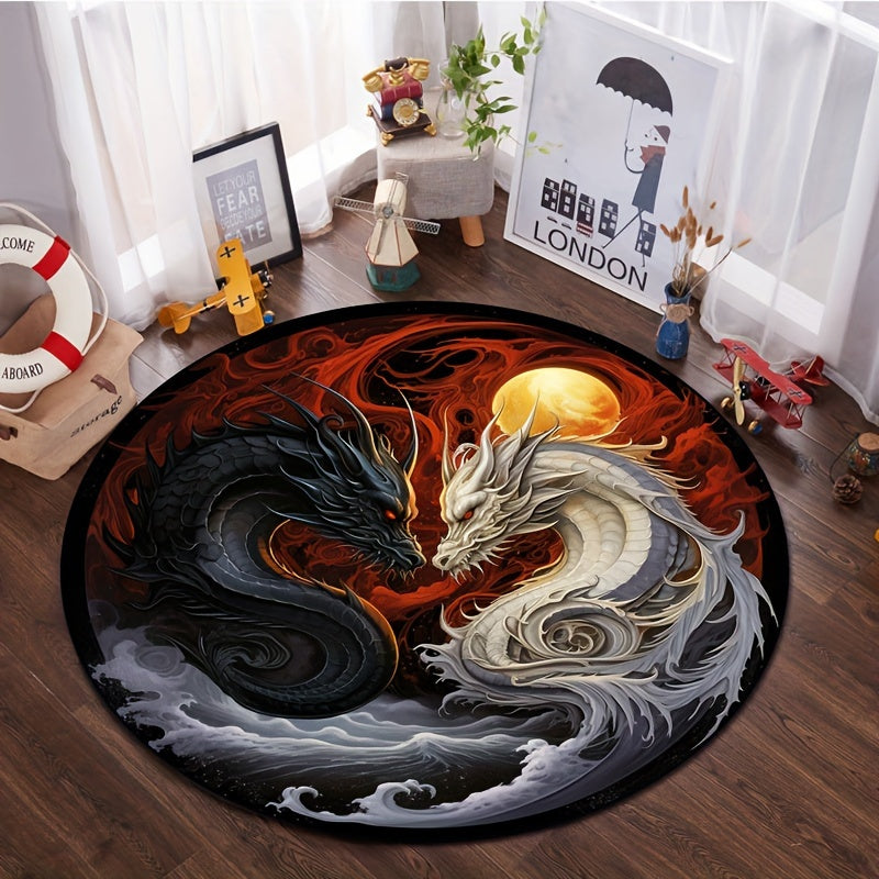 Striking Yin-Yang Dragon Design Round Rug - Non-Slip, Machine Washable Carpet in Vivid Black & White with Red Accents, Perfect for Living Room, Bedroom, Bathroom, Kitchen - Available in Multiple Sizes, Rugs for Living Room