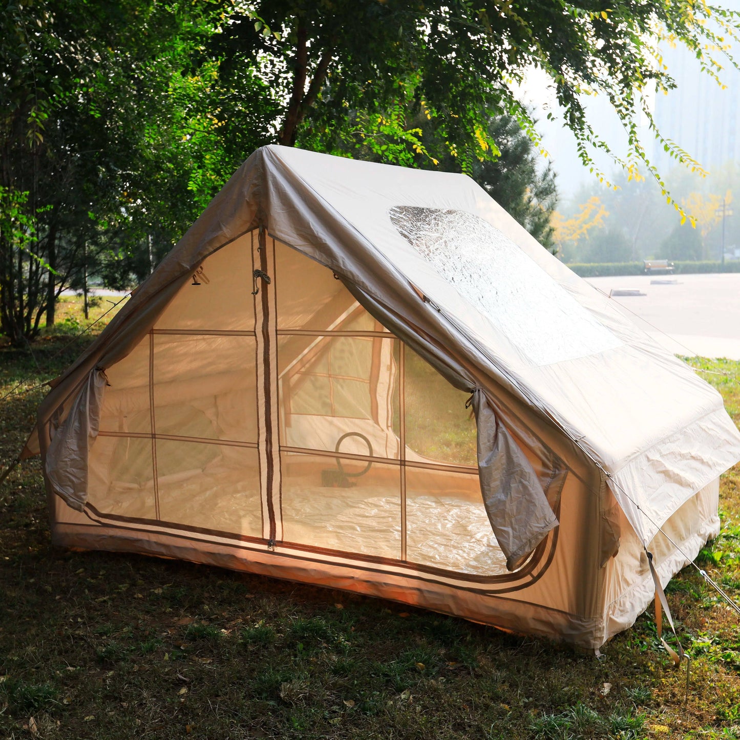 For 4 Waterproof Private Camping Tent, Oxford Cloth, PVC Frame, Solid Beige, with Zipper Closure, for All-Season Use, Easy Setup with Skylight