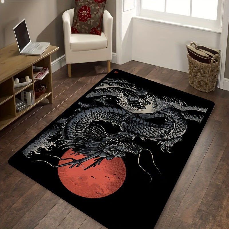 1pc Chinese Dragon Gaming Room Rug, 8mm Thick Polyester Rectangle Mat, Machine Washable, Decorative Indoor Carpet for Bedroom, Living Room, Laundry, Bathroom, Kitchen Entrance - Washable and Durable