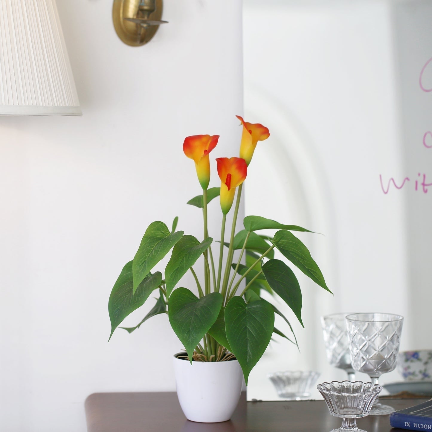 Calla Lily Artificial Plant in White Pot: Contemporary Style, Plastic Material, Suitable for Home, Office, Indoor/Outdoor Decorations - 52.83 cm (Orange Artificial Flowers)