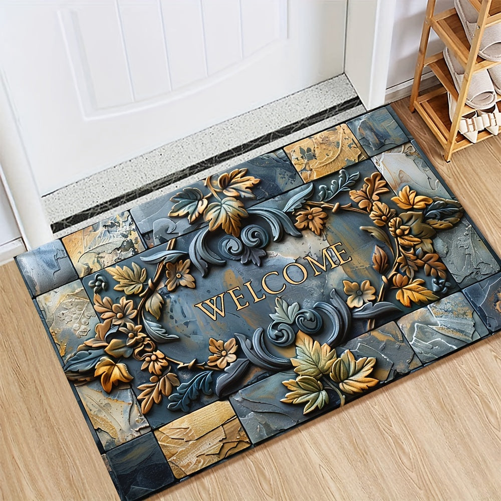 Luxurious 3D Stone & Botanical Embossed Welcome Mat - Non-Slip, Waterproof, Machine Washable Polyester Rug for Home & Outdoor Decor - Ideal for Entryway, Living Room, Bathroom