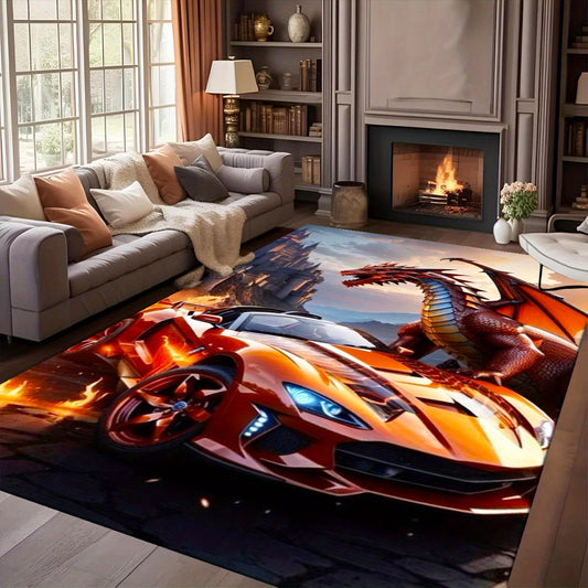 Ultra-Soft Crystal Velvet Rug with Sports Car & Flying Dragon Design - 3D Printed, Comfortable for Living Room, Bedroom, Hallway - Large Area Coverage