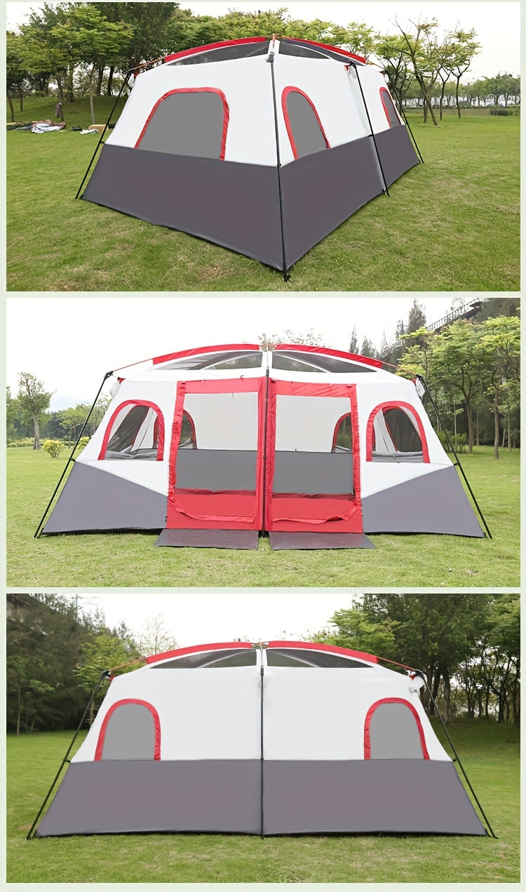 10-Person Outdoor Camping Tent with Vestibule, Solid Color, Square Shape, All-Season, Waterproof Oxford Cloth, Iron Bracket, Zipper Closure, Dual Rooms, Sun Protection for Family Parties, Climbing, Shed