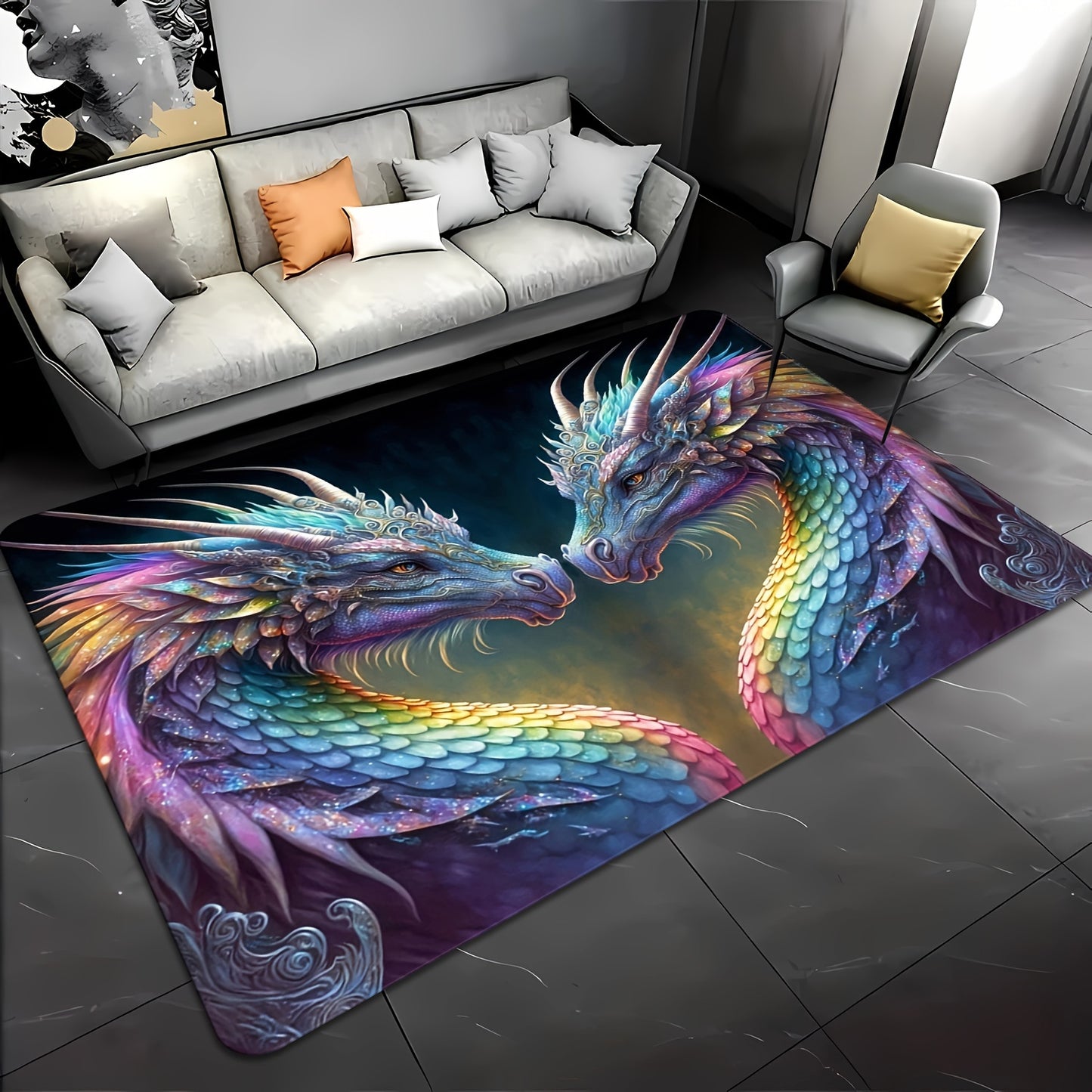 Machine Washable Mythical Dragon Area Rug, Anti-Slip Rectangular Carpet, Stain Resistant, Water-Resistant for Indoor & Outdoor Use – Ideal for Patio, Garden, Bedroom, Living Room, Kitchen, and Bathroom Entrance Mat, with Me