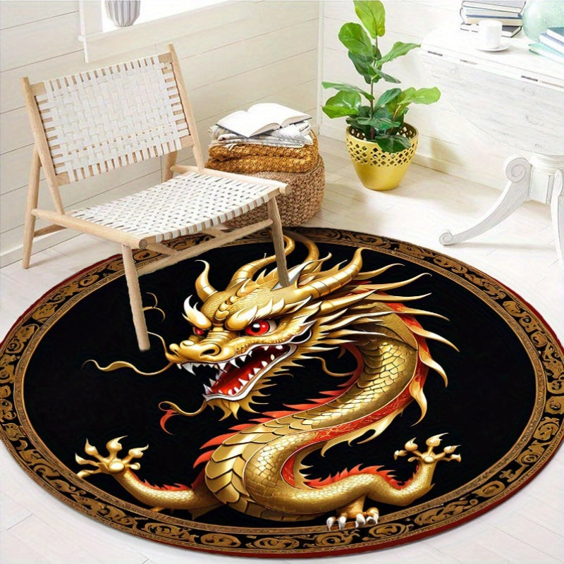 1pc Round Golden Dragon Area Rug, Polyester Non-Slip Chair Mat, Crystal Velvet Carpet, Large Size Over 1.8m, for Office, Living Room, Bedroom Decor