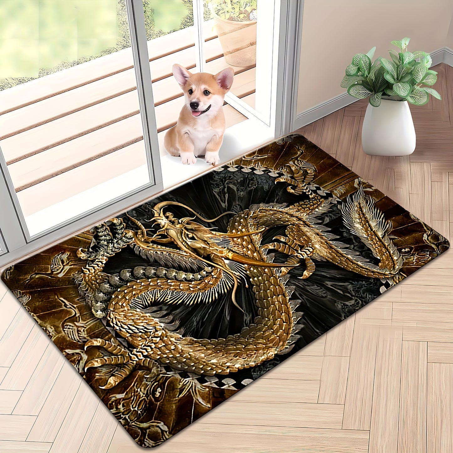 Golden Dragon Area Rug - Stain Resistant, Non-Slip, Machine Washable, Knit Weave - Polyester, Memory Foam, Anti-Fatigue for Living Room, Bedroom, Entryway, and Outdoor Use - Decorative Rectangle Mat