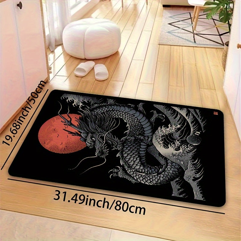 1pc Chinese Dragon Gaming Room Rug, 8mm Thick Polyester Rectangle Mat, Machine Washable, Decorative Indoor Carpet for Bedroom, Living Room, Laundry, Bathroom, Kitchen Entrance - Washable and Durable