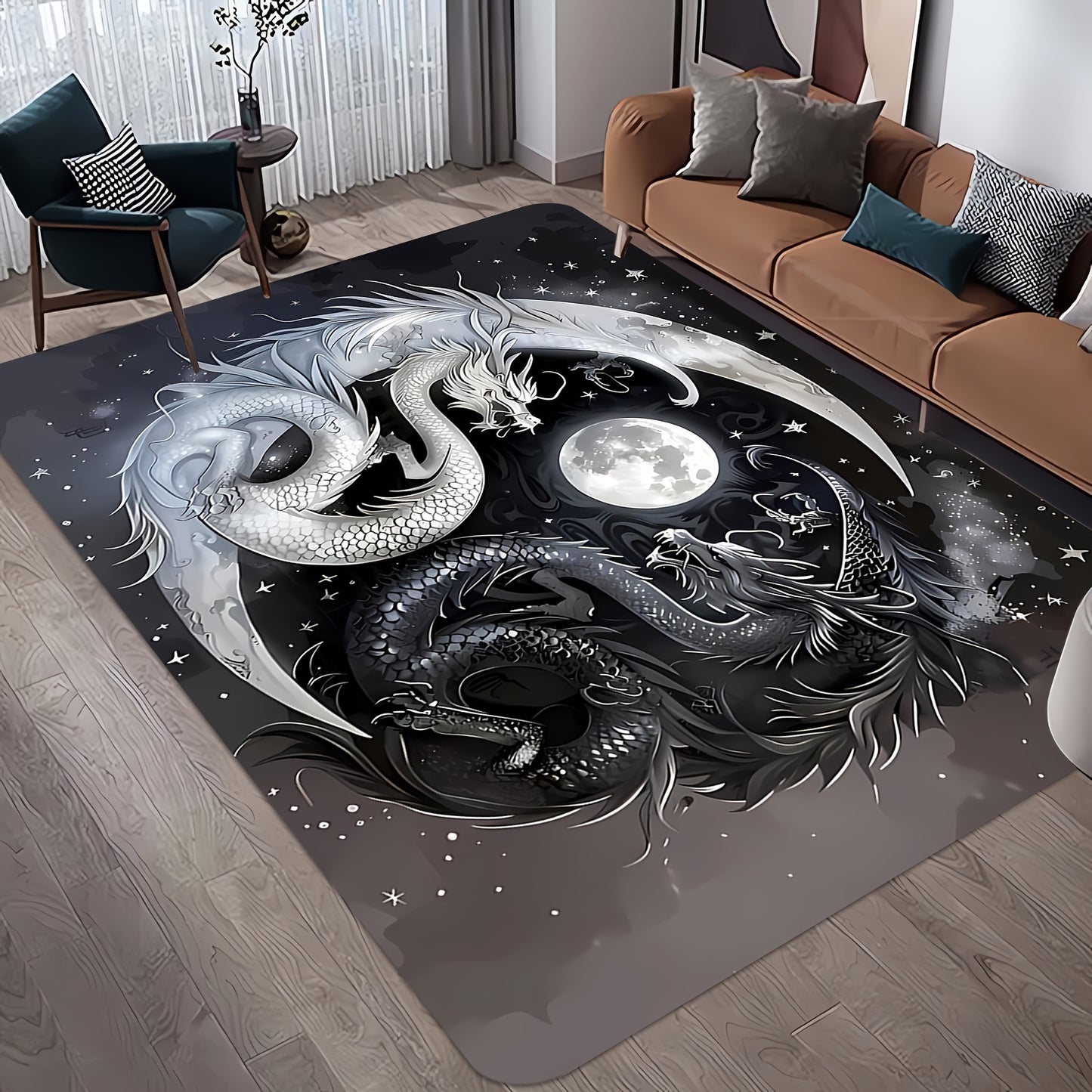 1pc, Black and White Double Dragon Design Carpet - Anti-Slip, Washable, Stain-Resistant, Anti-Fatigue - Living Room Coffee Table Rug, Bedroom, Entryway Mat, Dining, Hallway, Game Room, Office, Study, Bedroom Decor, High-Flann